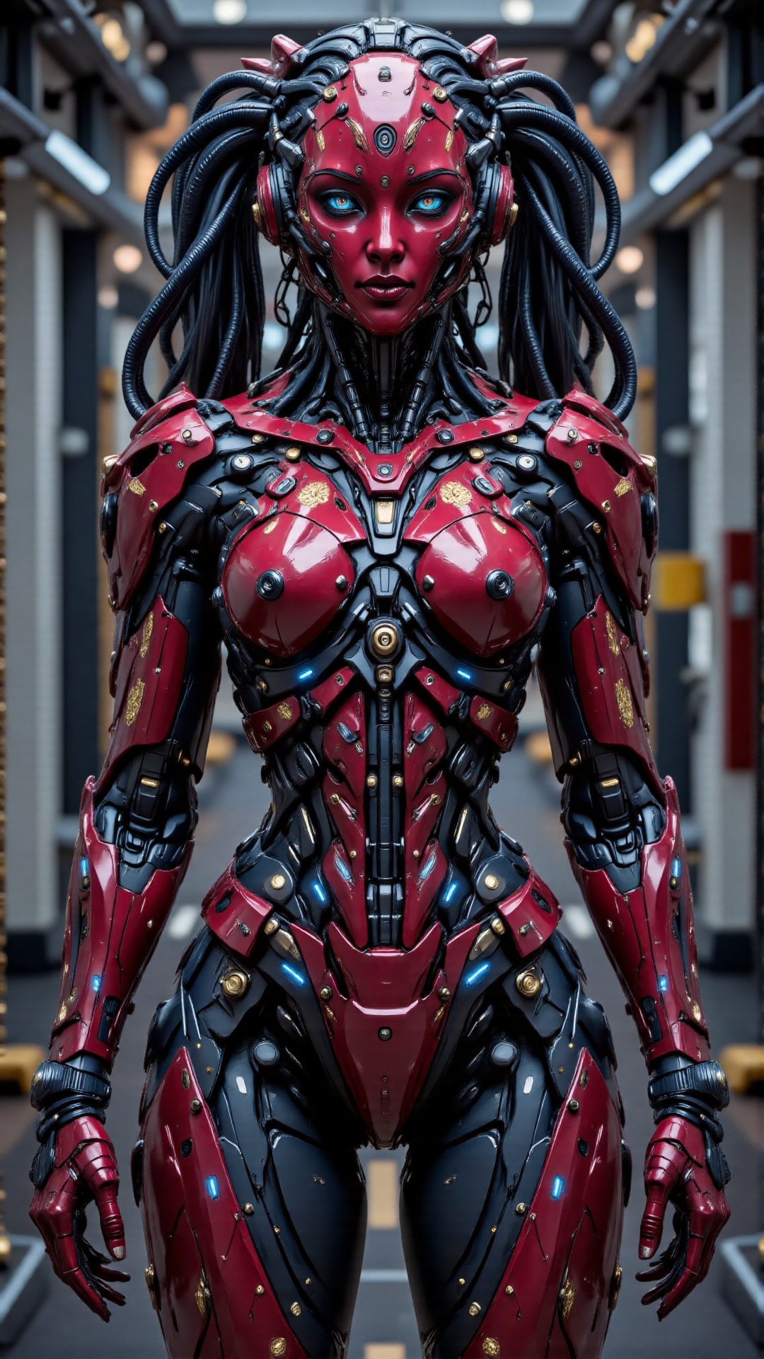 A surreal 8K UHD digital artwork of an Indian robot girl,  dressed in a highly detailed traditional Kerala pattu pavadai—a...