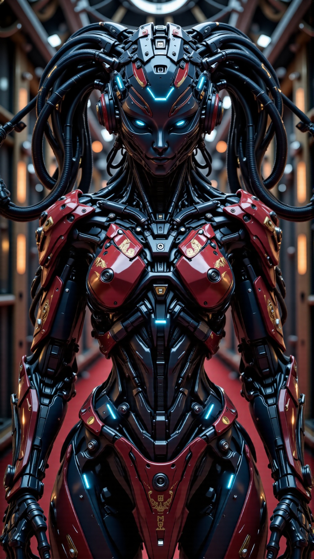 A surreal 8K UHD digital artwork of an Indian robot girl,  dressed in a highly detailed traditional Kerala pattu pavadai—a...
