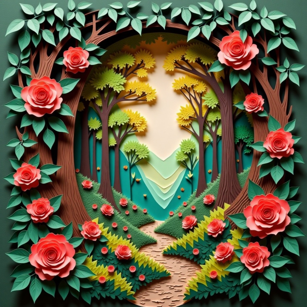 beautiful roses in forest,  Papercut design on Tensor.Art