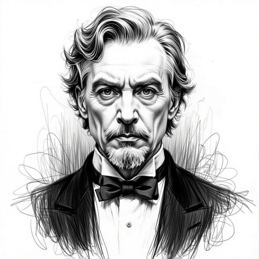 A black and white portrait of a man with a black suit and a black bow tie. The man's face is tilted slightly to the right,...