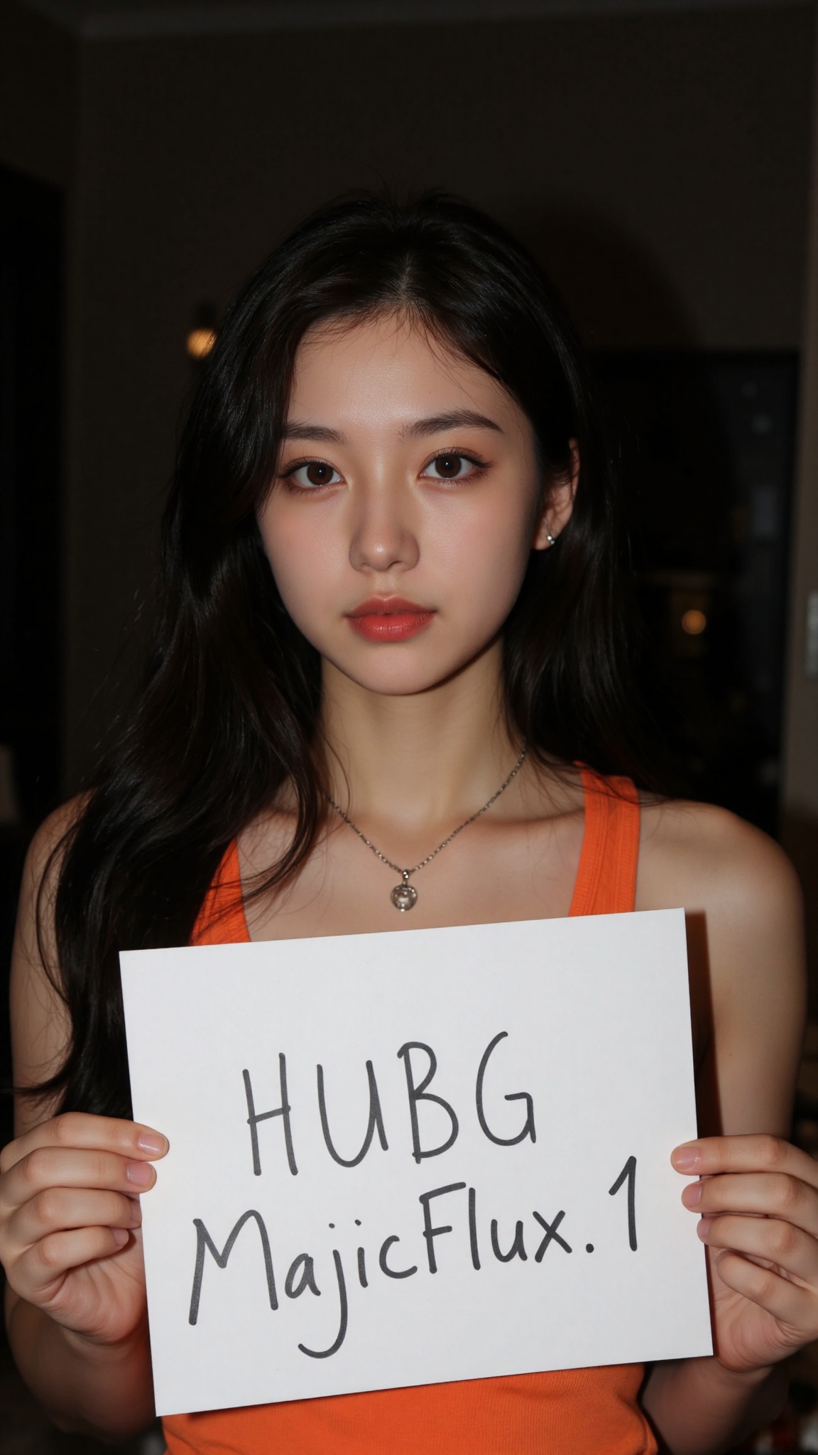 a girl with dark long hair,  she is wearing a orange **** top and a necklace. she is holding a white paper with the word "...