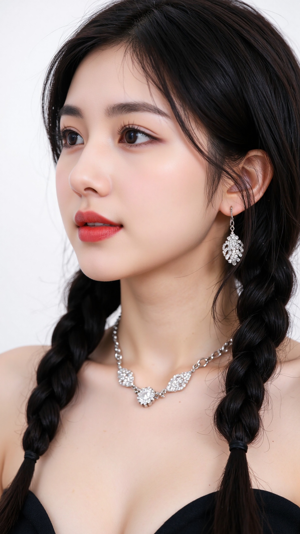 A sultry portrait of a young woman with long,  jet-black hair flowing down her back in intricate double braids adorned wit...