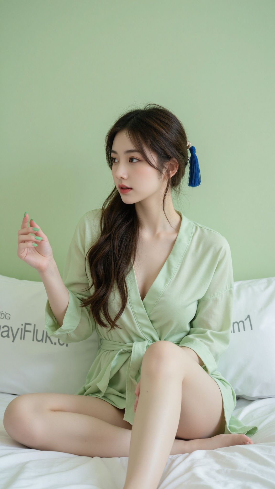 a woman with long dark brown hair,  wearing a light green robe,  is seated on a bed with her legs crossed. She is facing t...