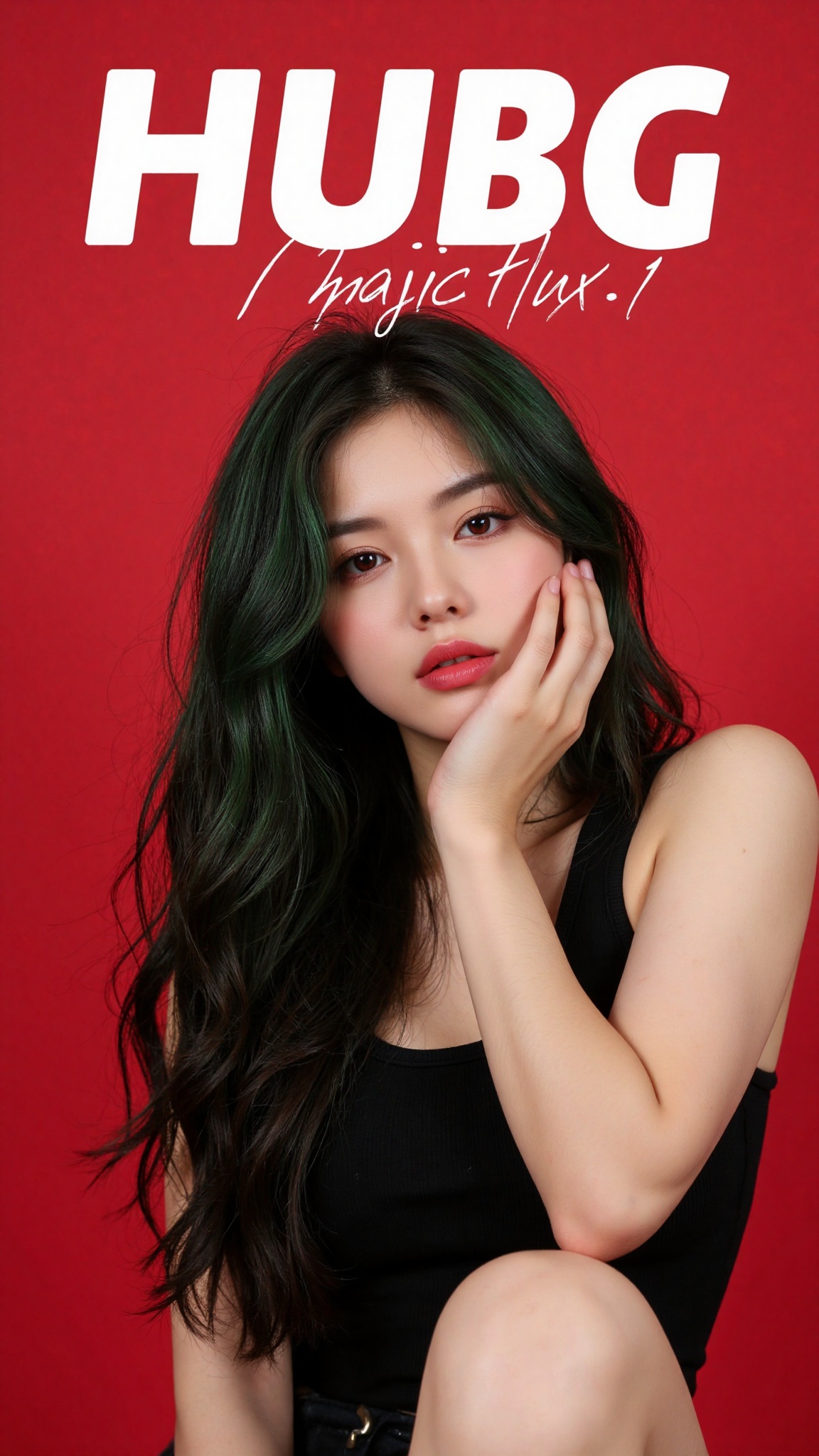 Captured from a high-angle,  eye-level perspective,  a young beauty with red eyes and long wavy dark green hair stands in...