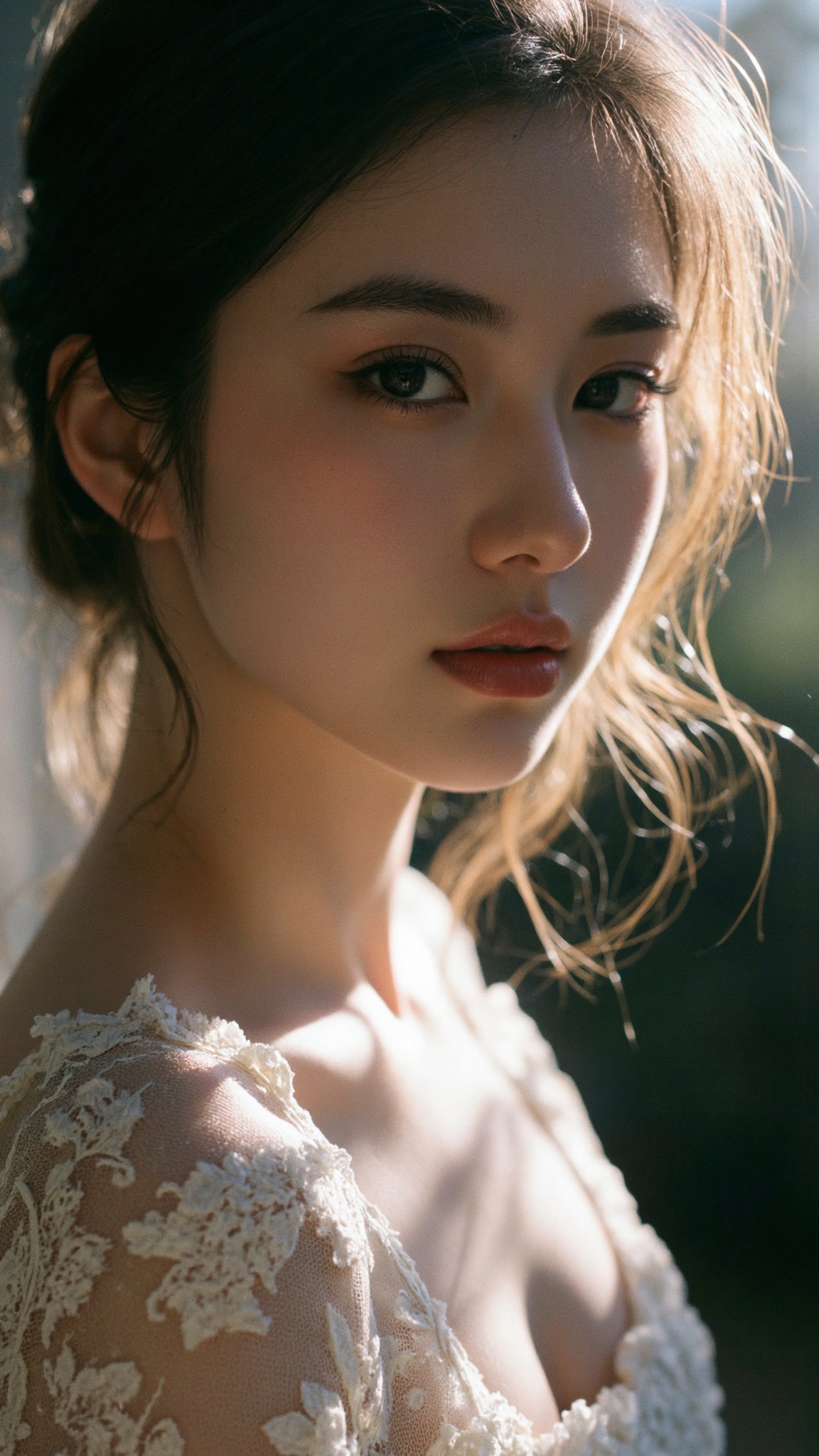 a girl close up,  tyndall effect,  wedding dress on Tensor.Art
