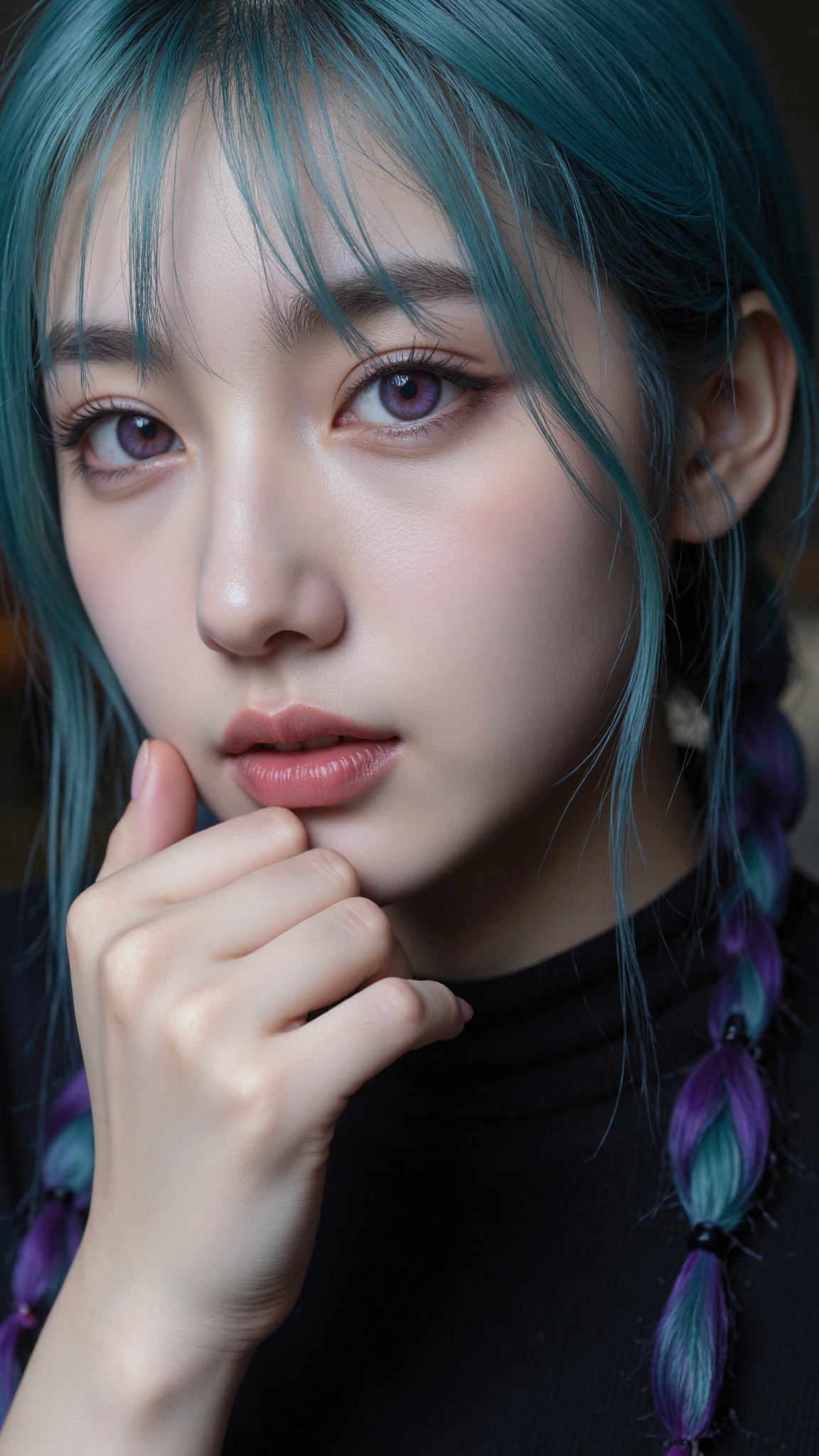 Close-up portrait of a stunning Chinese beauty girl with mesmerizing blue-green hair gradient,  intense purple eyes,  and...