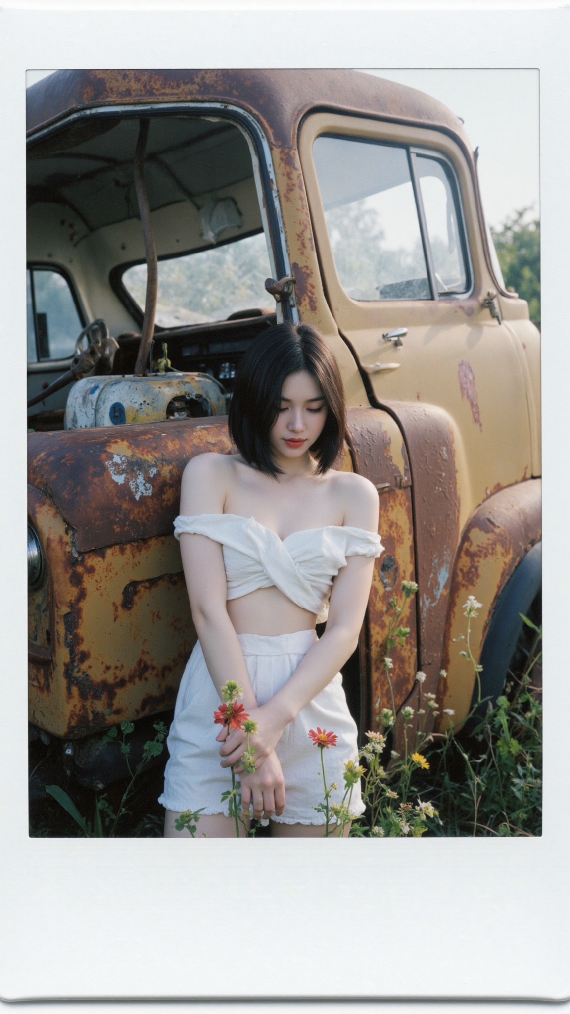 polaroid portrait photography,  This is a clear vedio picture of A vibrant Japanese woman with asymmetrical bob cut and a...