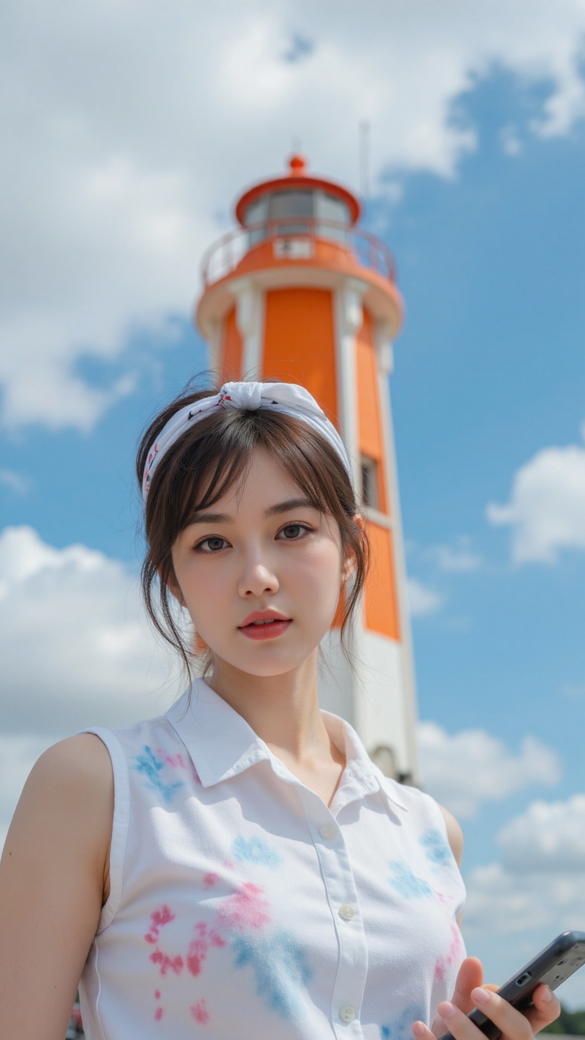 Captured at eye-level,  a medium-sized Asian woman,  dressed in a white sleeveless shirt with a tie-dye pattern on Tensor.Art