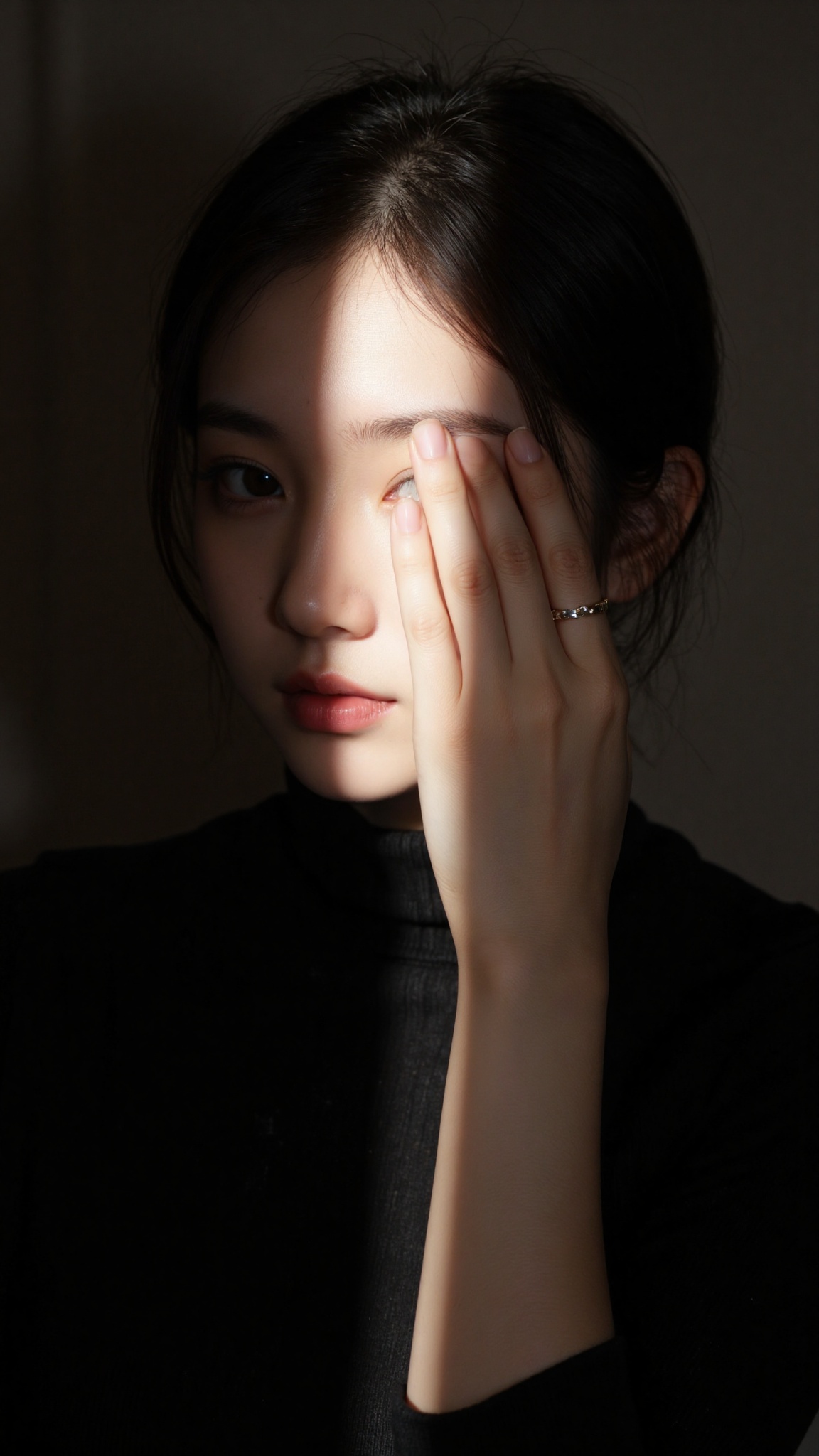A portrait of a girl with short,  dark hair,  partially illuminated by a narrow beam of light on Tensor.Art