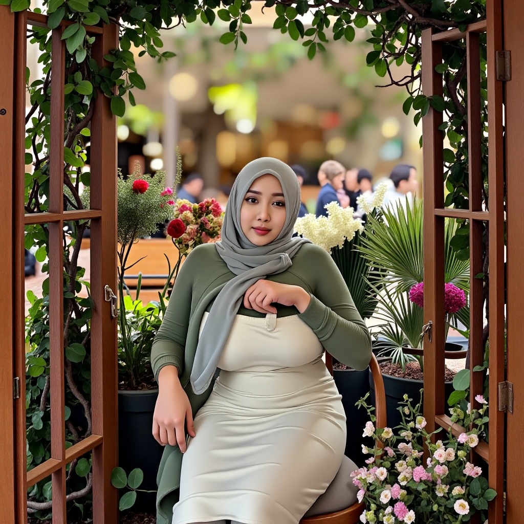 A quiet morning moment: Fayolariezka sits attentively in a quaint flower shop,  surrounded by wooden frames and soft natur...