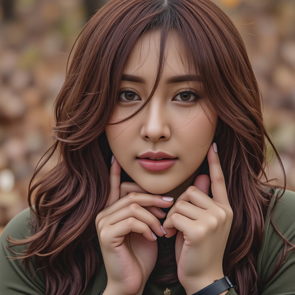 Soft focus close-up captures Model Lora H's captivating gaze,  framed by luscious locks as her porcelain-like complexion g...