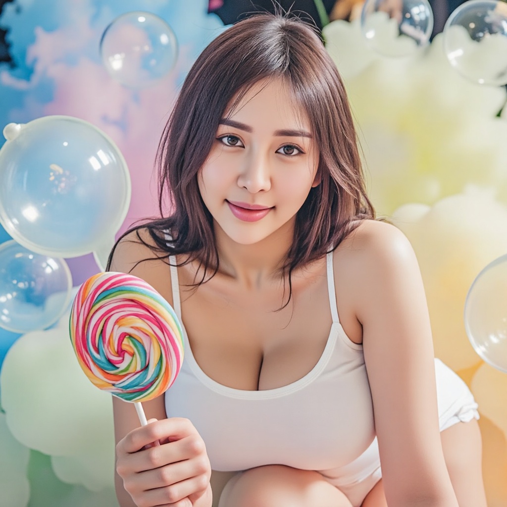 A mature 17-year-old girl sits serenely on a colorful cloud of blue,  pink,  yellow and green on Tensor.Art