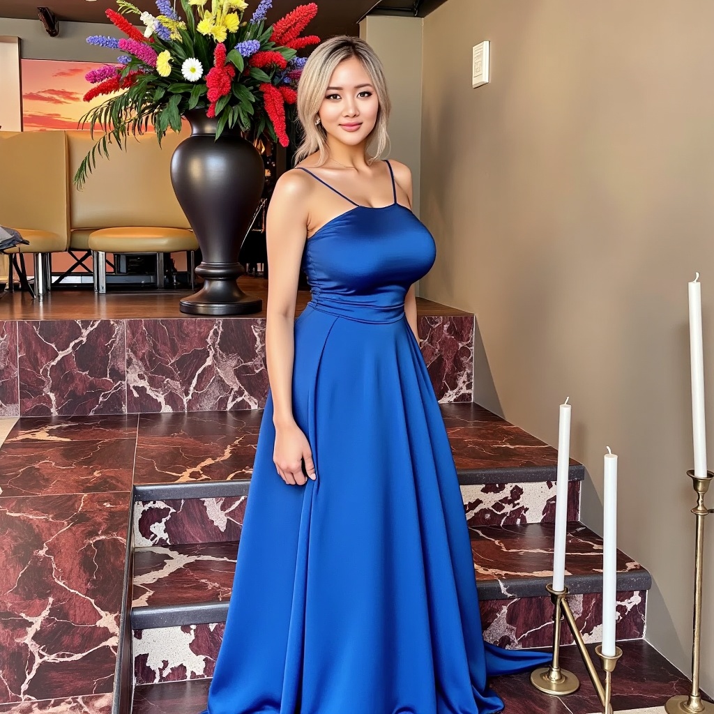 a woman,  dressed in a blue ball gown,  stands on a set of stairs. Her blonde hair is pulled back in a ponytail on Tensor.Art