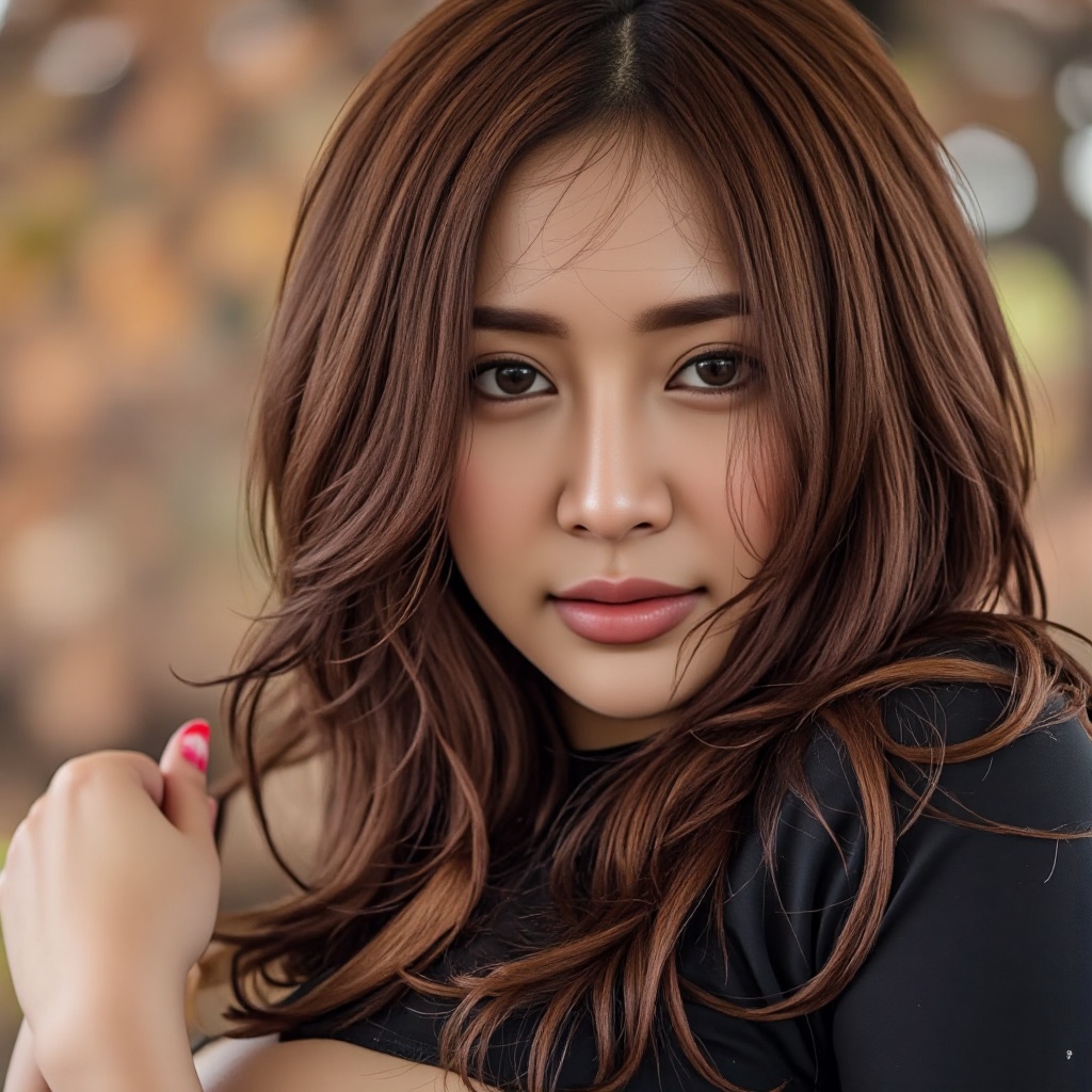 Soft focus close-up captures Model Lora H's captivating gaze,  framed by luscious locks as her porcelain-like complexion g...