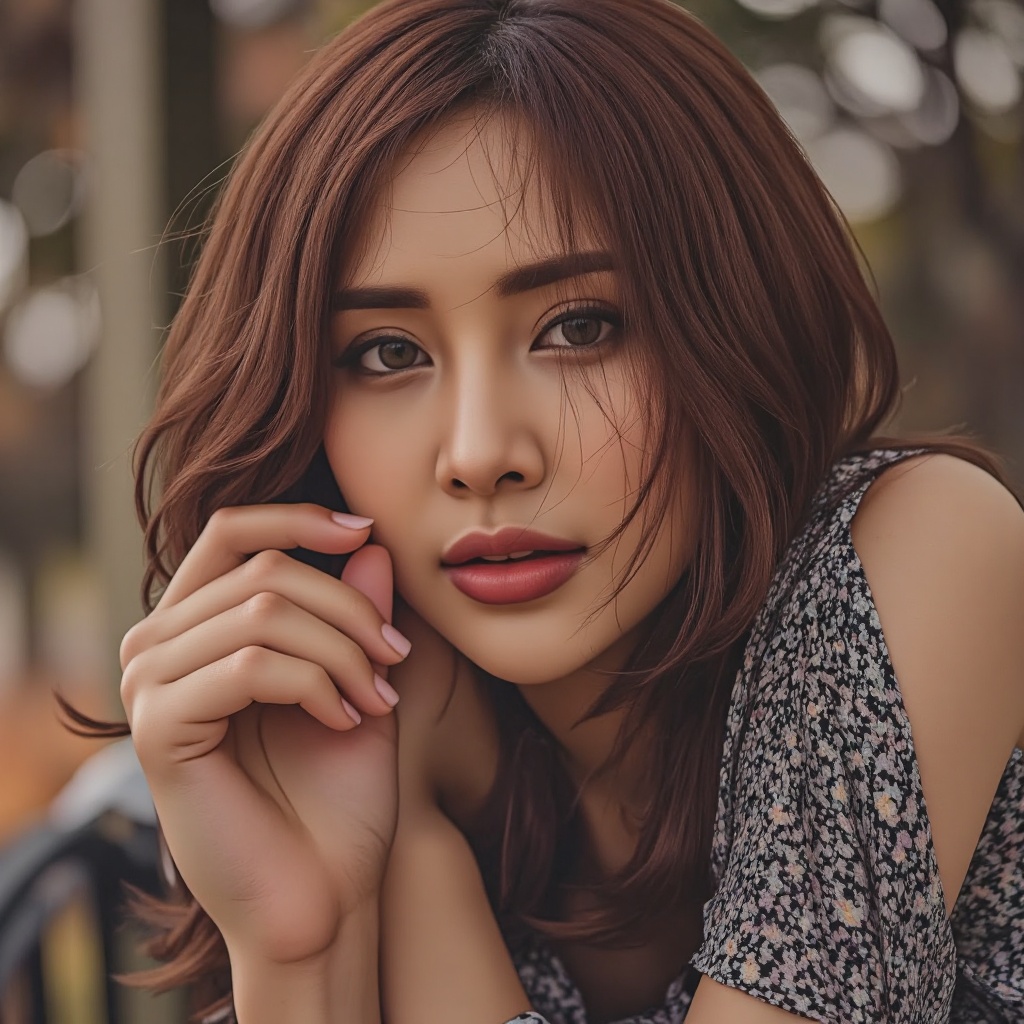Soft focus close-up captures Model Lora H's captivating gaze,  framed by luscious locks as her porcelain-like complexion g...