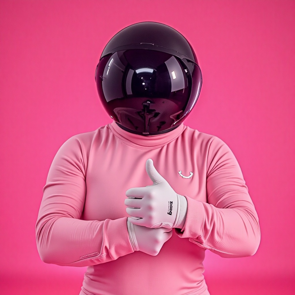 A futuristic astronaut dressed in a pink spacesuit with gloves,  holding a white kite in front of their chest. The astrona...