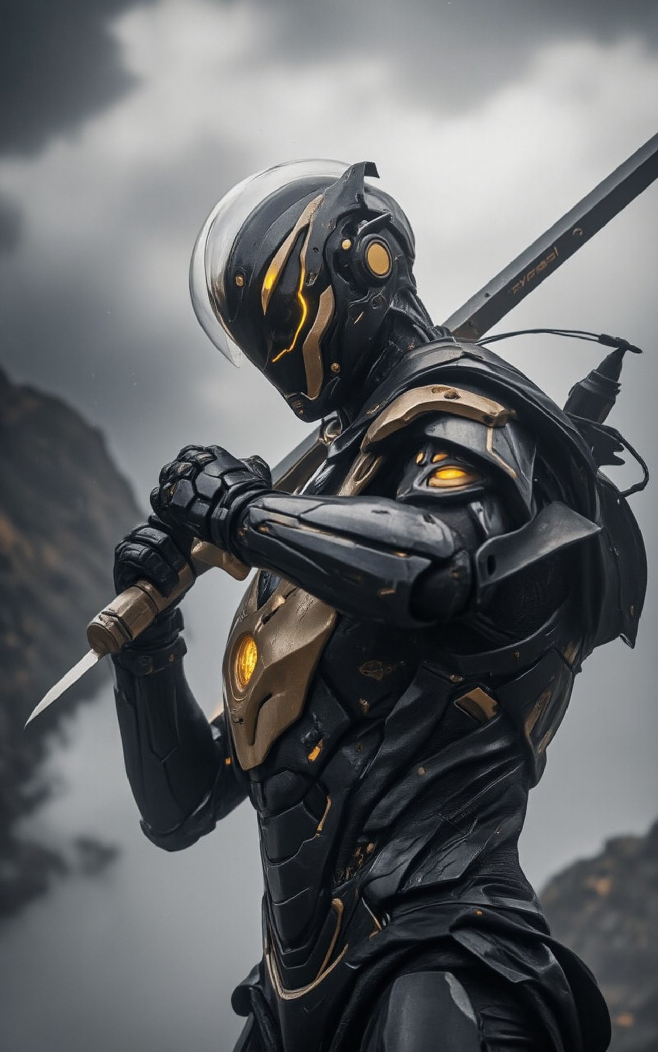 a full-angle shot of a robot,  dressed in a black and gold armor,  holds a sword in his right hand. The robot's helmet is...