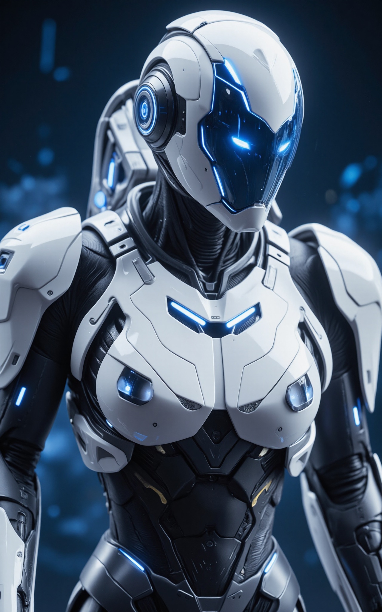 a close-up shot of a robot,  dressed in a stark white and black suit,  adorned with a blue helmet. The robot's armor is ad...