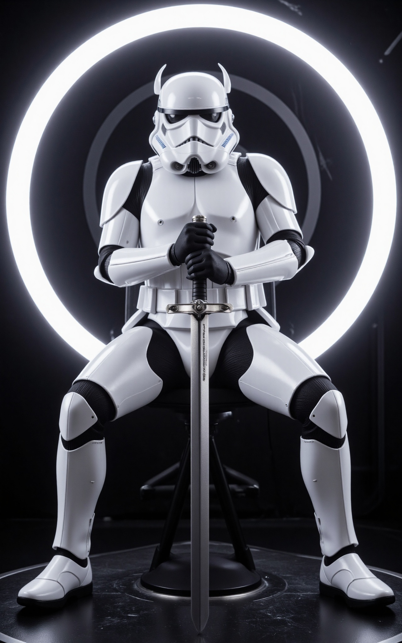 a stormtrooper is seated on a black platform,  holding a sword in his right hand. The sword is positioned in front of him,...