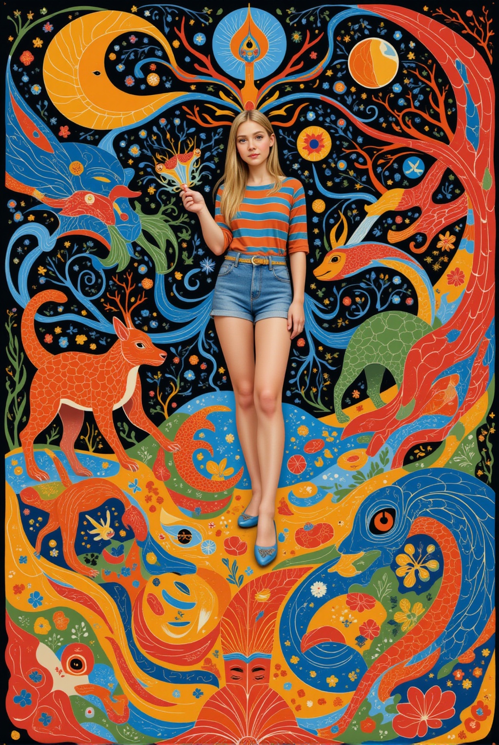A Half-length portrait of a lone girl,  her gaze contemplative amidst a surreal fantasy landscape reminiscent of Hieronymu...