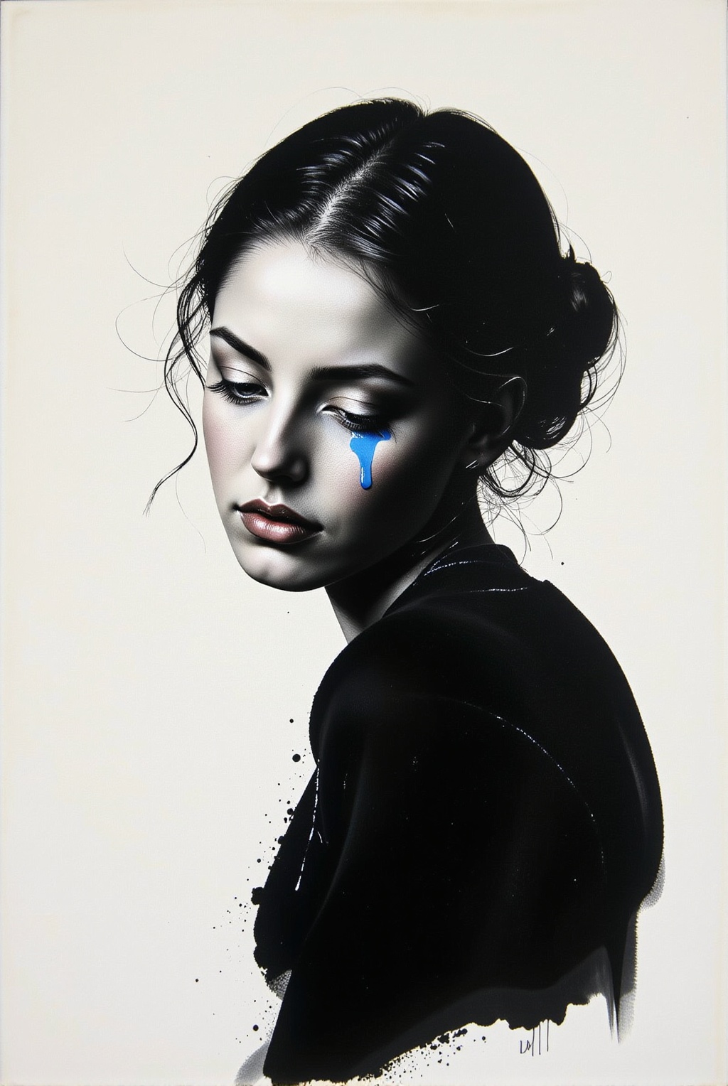 A sorrowful silhouette: A minimalist portrait of a woman crying blue tears against a pure white canvas. Her black outline...