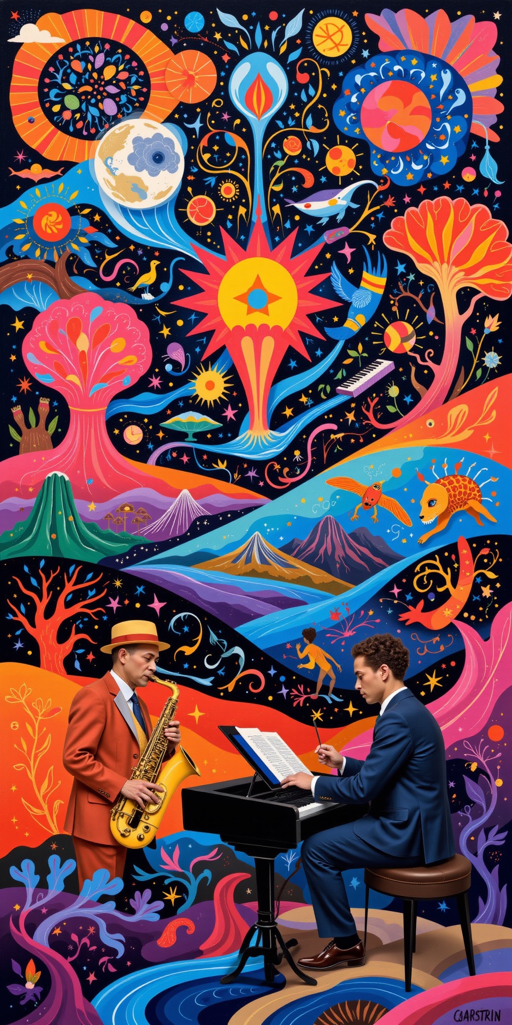 Montage of psychedelic worlds,  Flat Painting,  Vibrant full-page composition on Tensor.Art