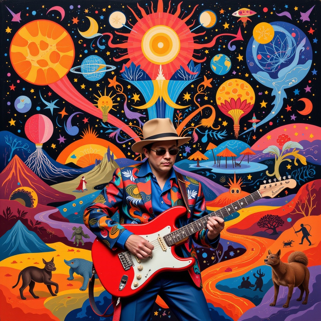 Montage of psychedelic worlds,  Flat Painting,  Vibrant full-page composition on Tensor.Art
