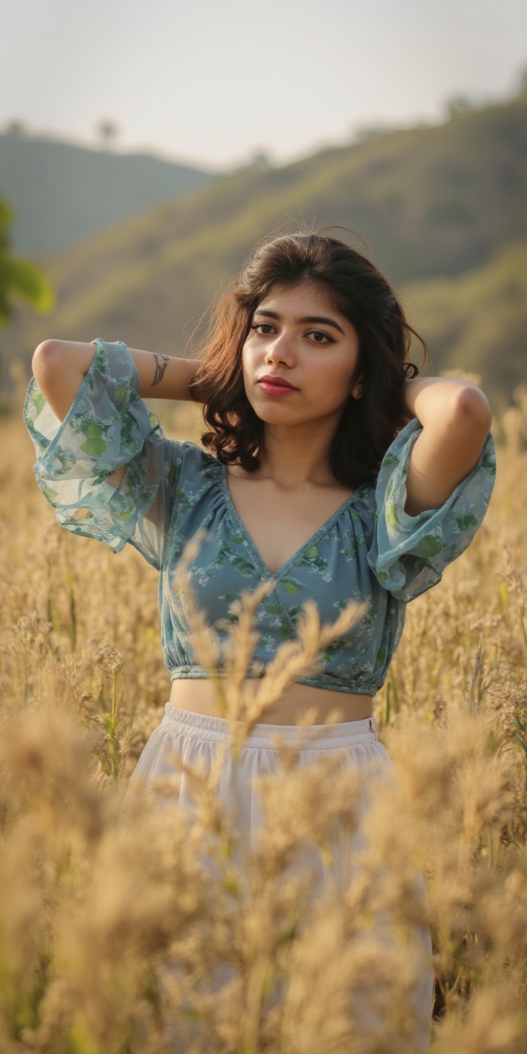 Photograph of a beautiful woman with long wavy brown hair posing in a wheat field under soft natural sunlight. She has fai...