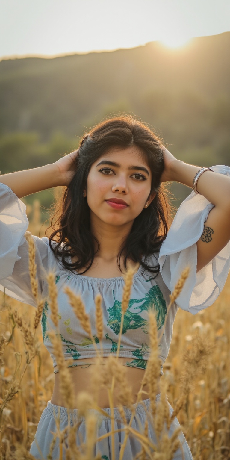 Photograph of a beautiful woman with long wavy brown hair posing in a wheat field under soft natural sunlight. She has fai...