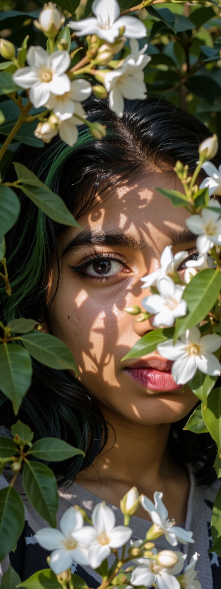 Soft-focused portrait of a girl's eye,  shrouded in darkness beneath luscious foliage and white flowers. Her piercing gaze...