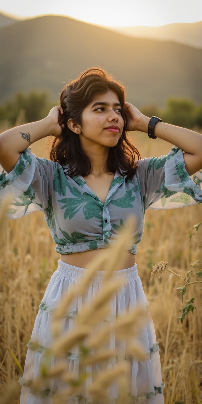 Photograph of a beautiful woman with long wavy brown hair posing in a wheat field under soft natural sunlight. She has fai...