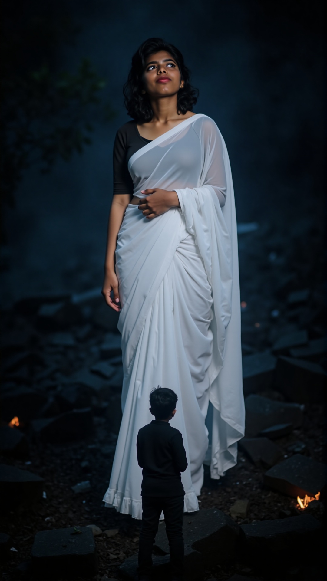A towering,  ethereal indian woman in a dark,  misty cavern. She wears white saree on Tensor.Art