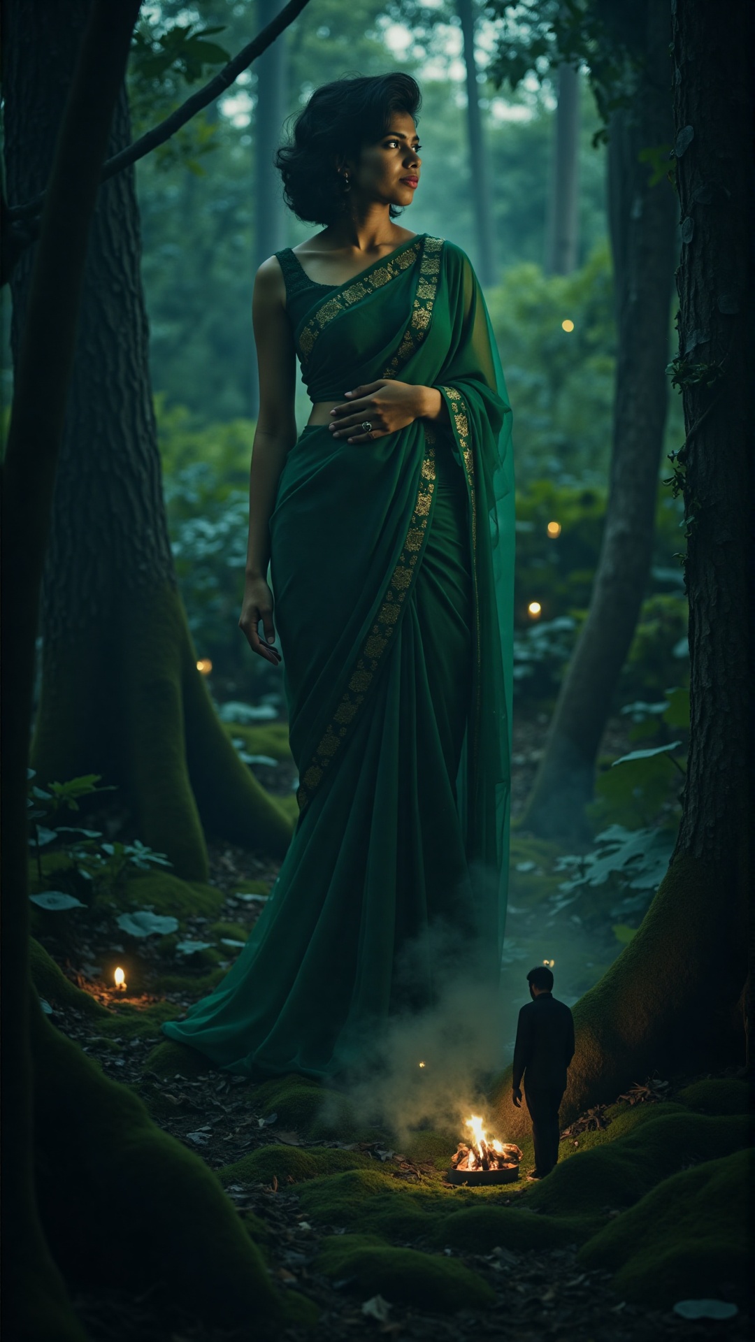 In a dark,  enchanted forest veiled in a thick,  ghostly mist on Tensor.Art