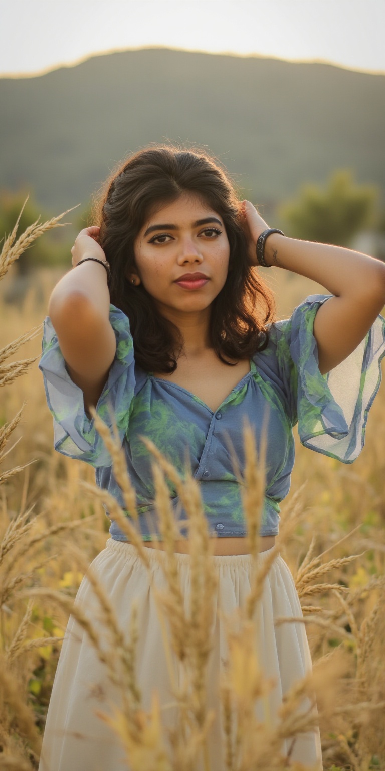 Photograph of a beautiful woman with long wavy brown hair posing in a wheat field under soft natural sunlight. She has fai...