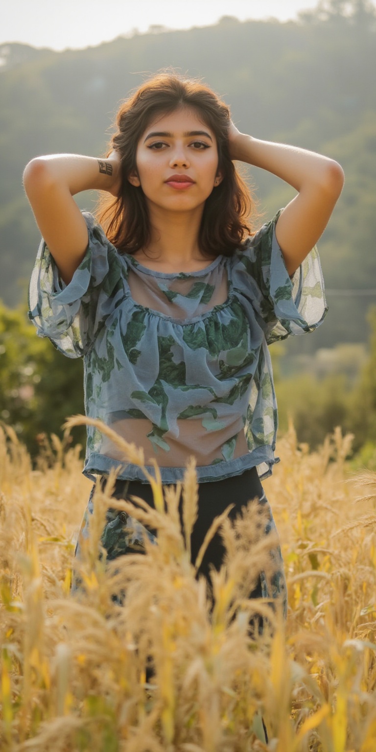 Photograph of a beautiful woman with long wavy brown hair posing in a wheat field under soft natural sunlight. She has fai...