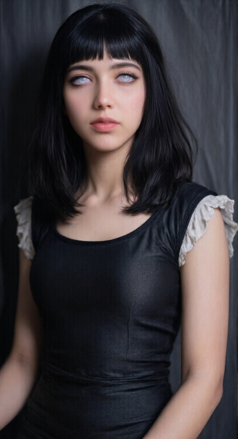 hyper-realistic portrait of Hyuuga Hinata,  depicted with her signature long,  black hair with blunt bangs on Tensor.Art