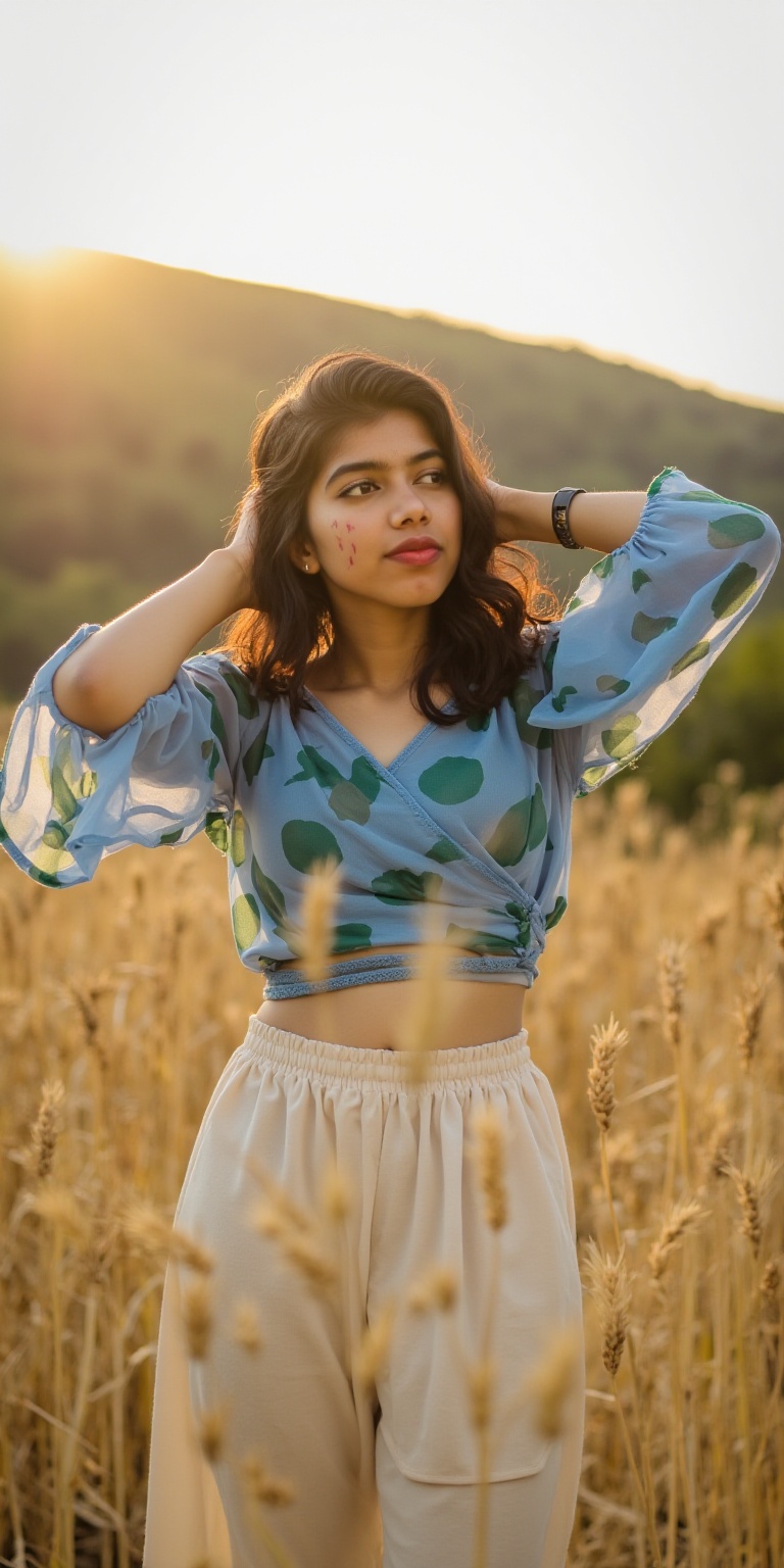 Photograph of a beautiful woman with long wavy brown hair posing in a wheat field under soft natural sunlight. She has fai...