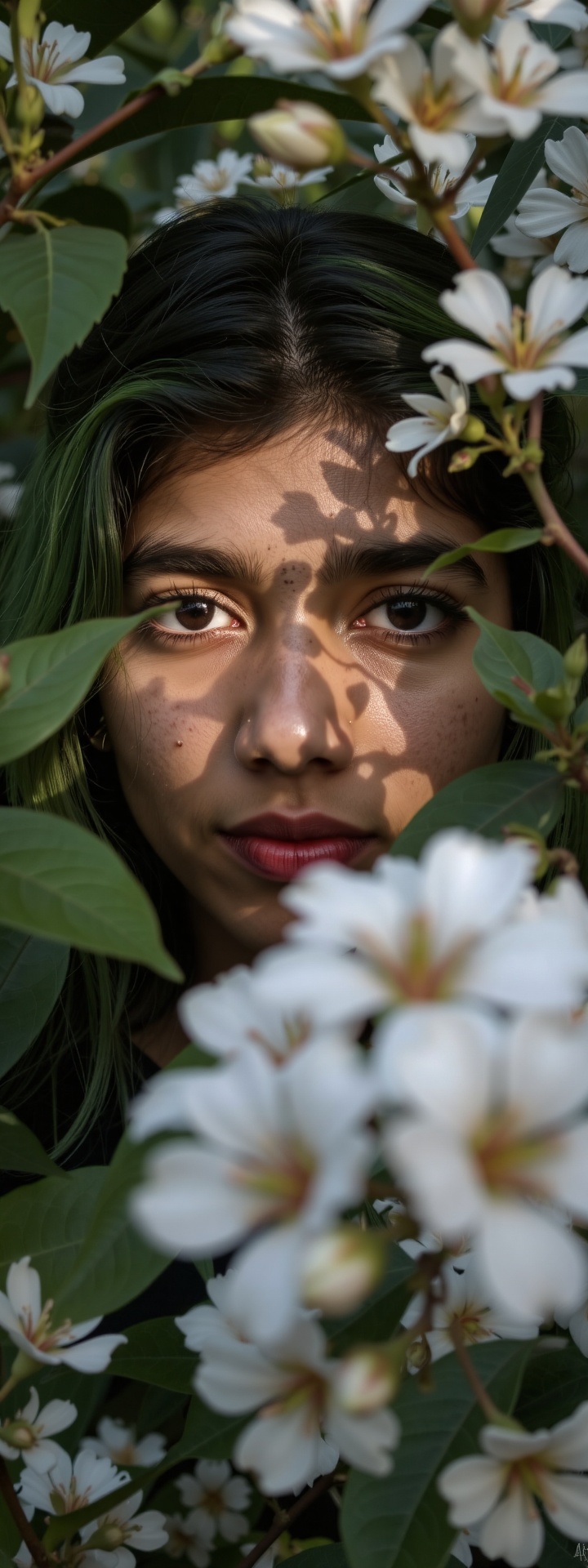 Soft-focused portrait of a girl's eye,  shrouded in darkness beneath luscious foliage and white flowers. Her piercing gaze...