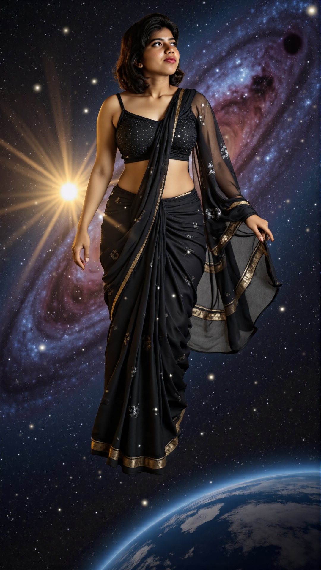 An awe-inspiring celestial Indian woman floats effortlessly in the vast expanse of space,  her divine form larger than an...