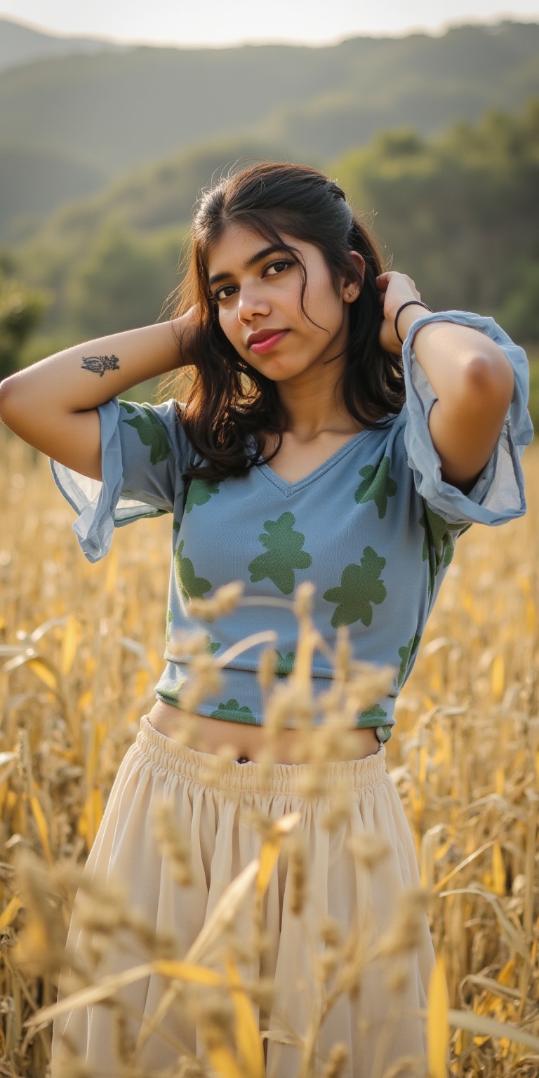 Photograph of a beautiful woman with long wavy brown hair posing in a wheat field under soft natural sunlight. She has fai...
