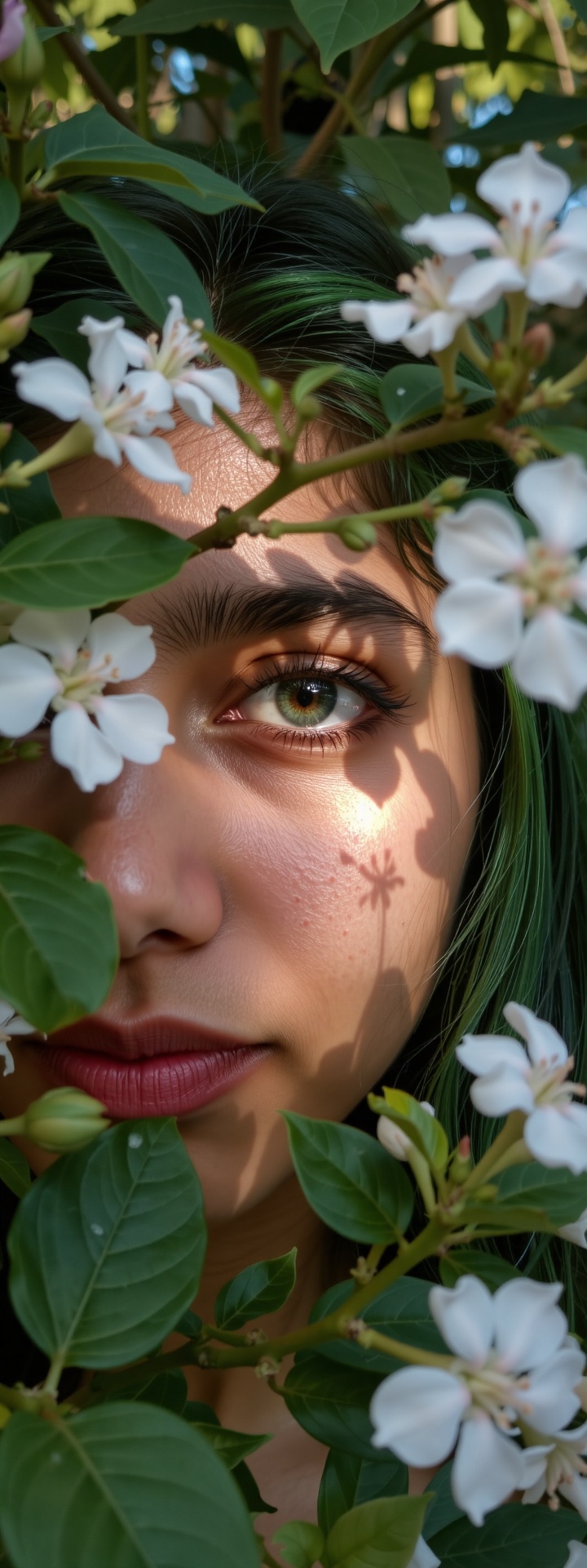 Soft-focused portrait of a girl's eye,  shrouded in darkness beneath luscious foliage and white flowers. Her piercing gaze...