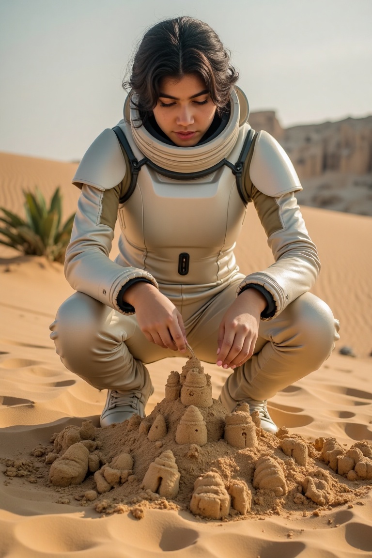 A woman in a futuristic spacesuit building intricate sandcastles on a vast,  sandy planet. The shot is framed from a low a...