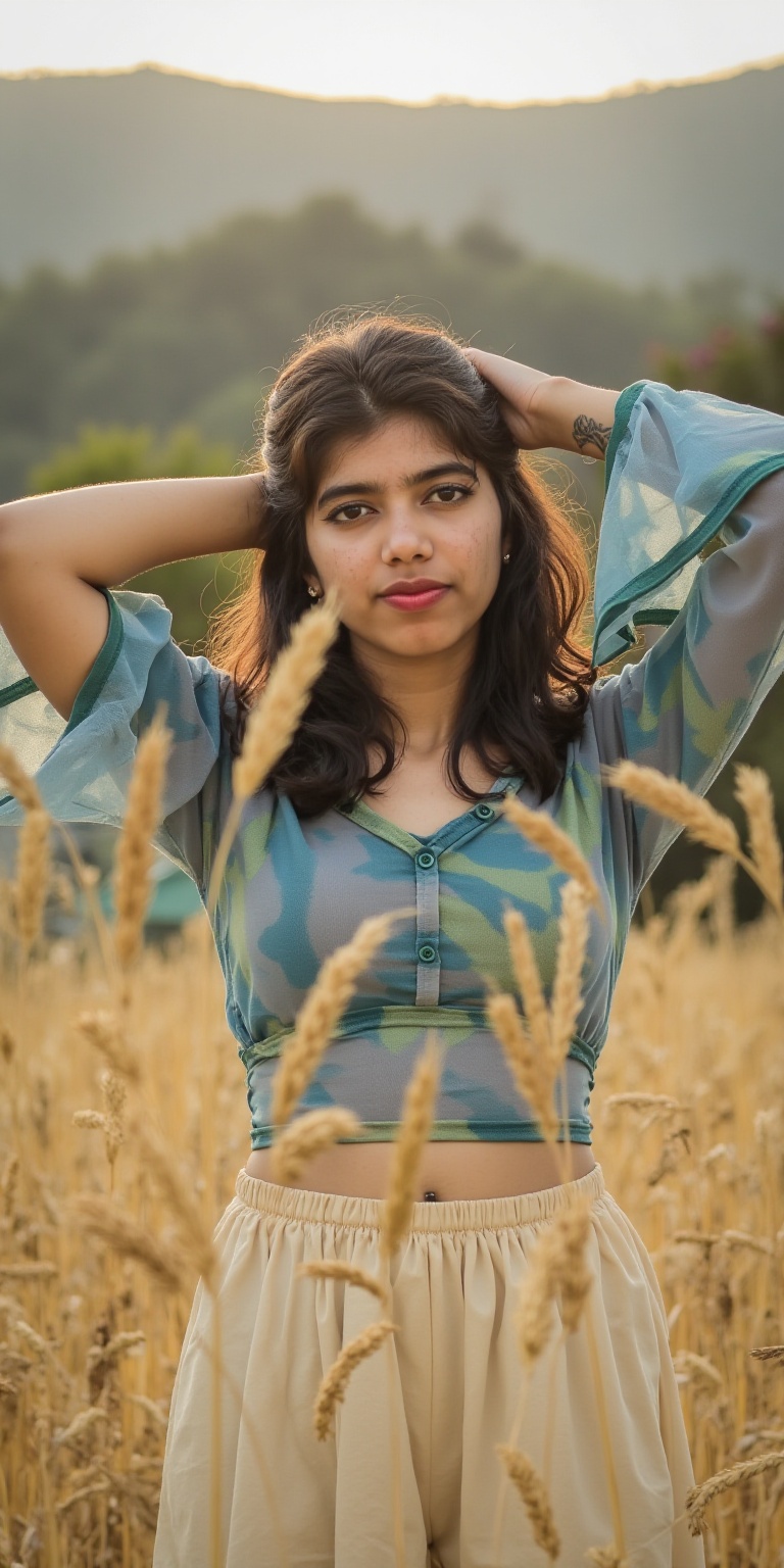 Photograph of a beautiful woman with long wavy brown hair posing in a wheat field under soft natural sunlight. She has fai...