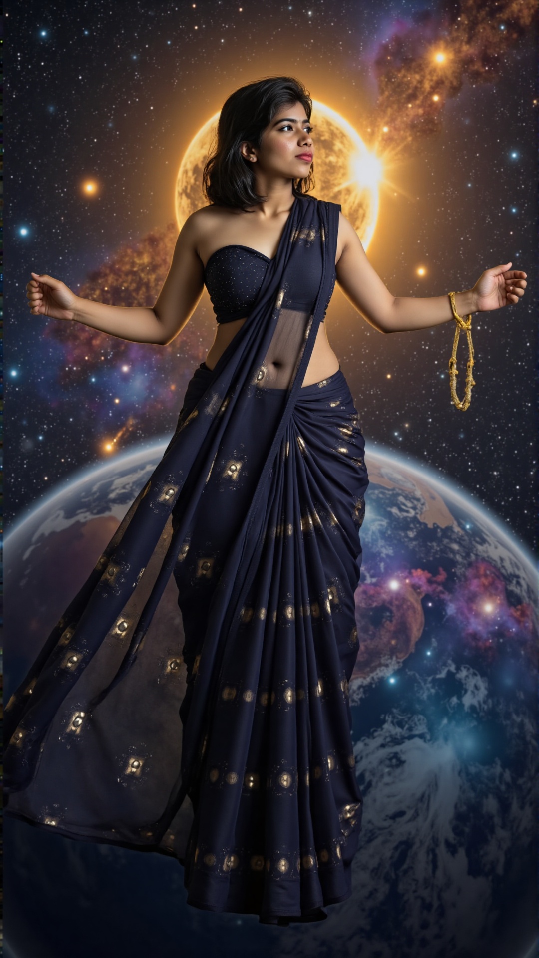 An awe-inspiring celestial Indian woman floats effortlessly in the vast expanse of space,  her divine form larger than an...