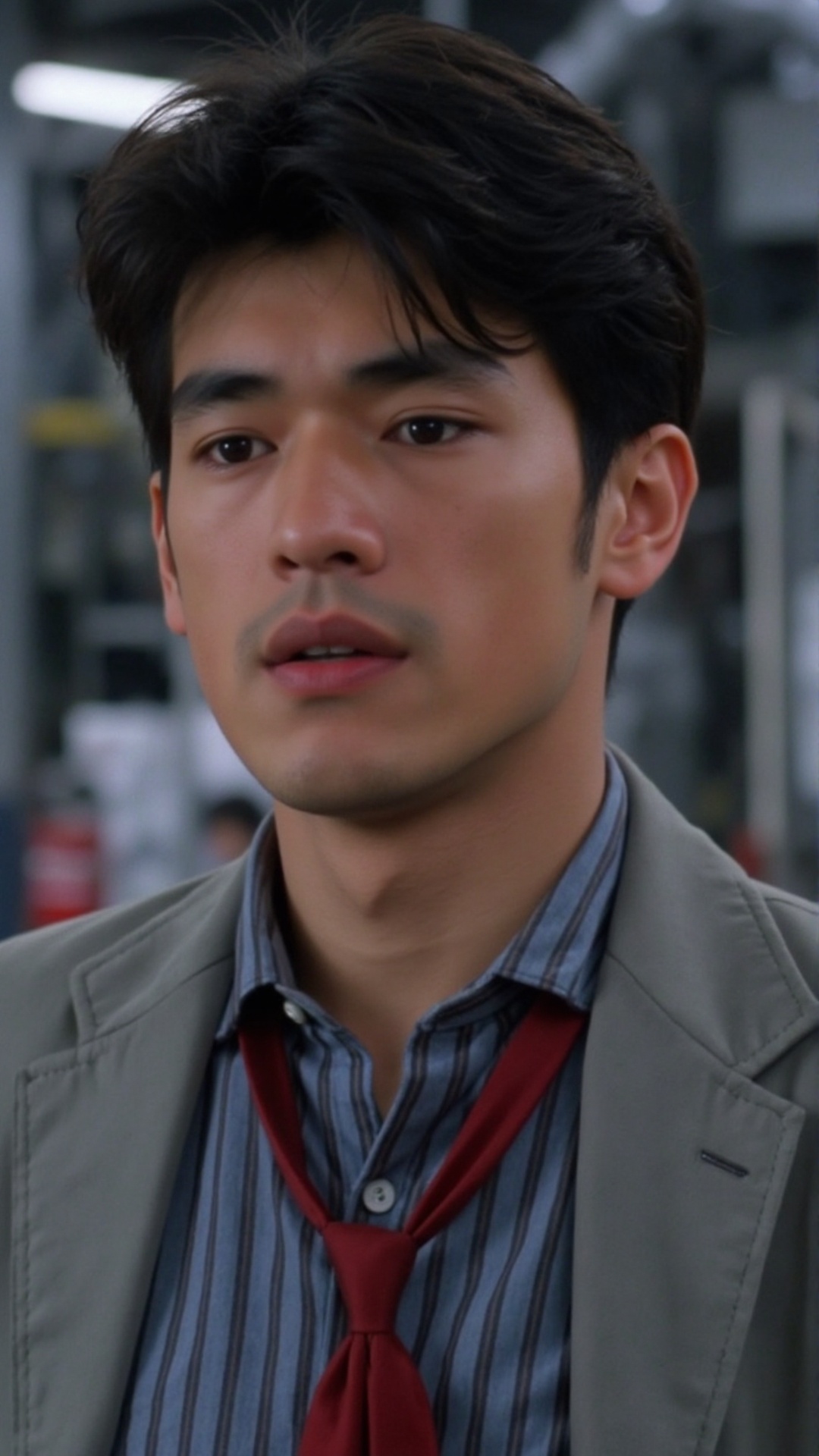 Captured at eye-level,  a cinematic shot of a young handsome Asian man with dark brown hair and dark eyes. He is wearing a...