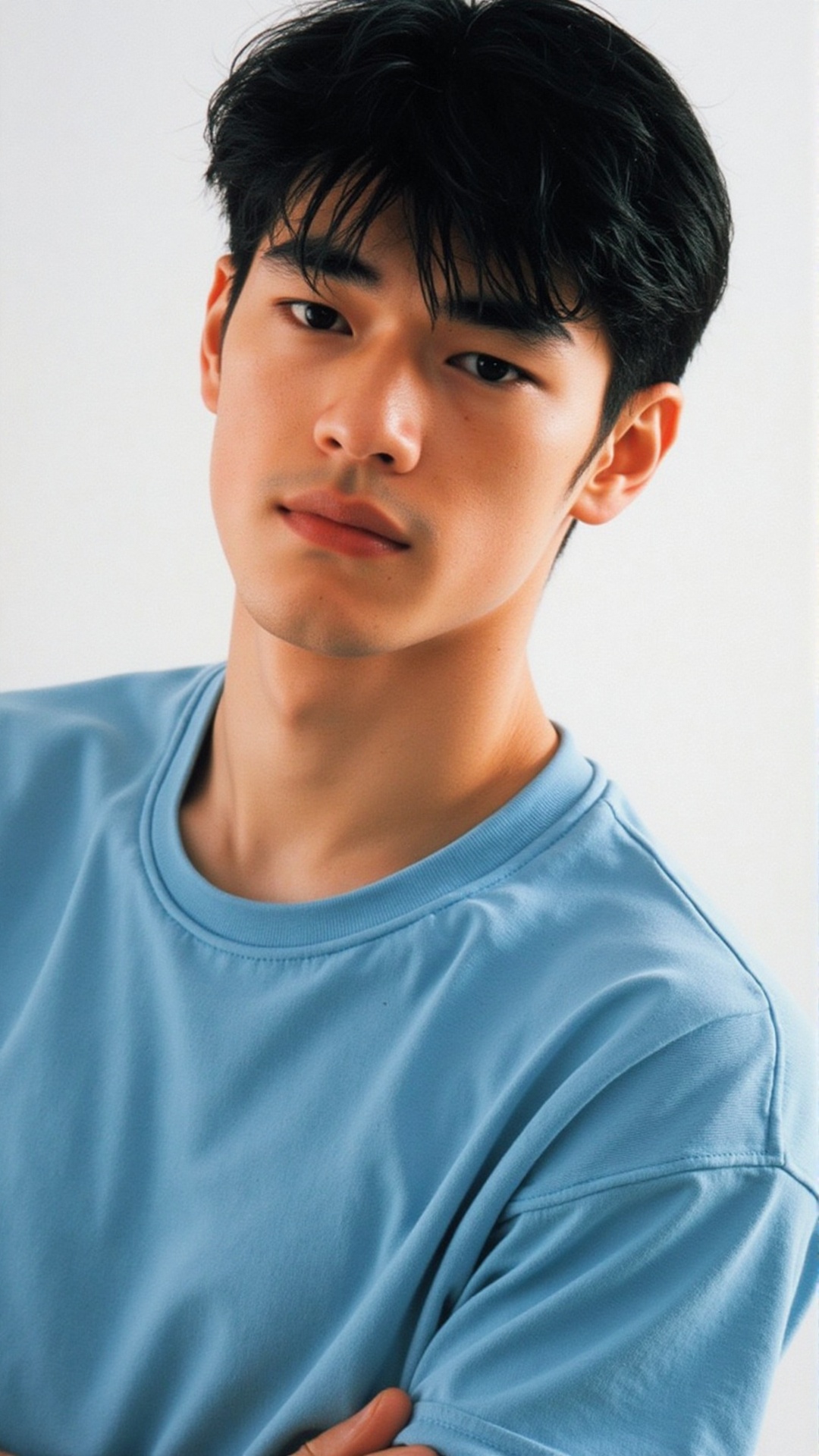 A shot of a teenage Japanese popstar posing with confidence on a crisp white background,  illuminated by soft lighting tha...