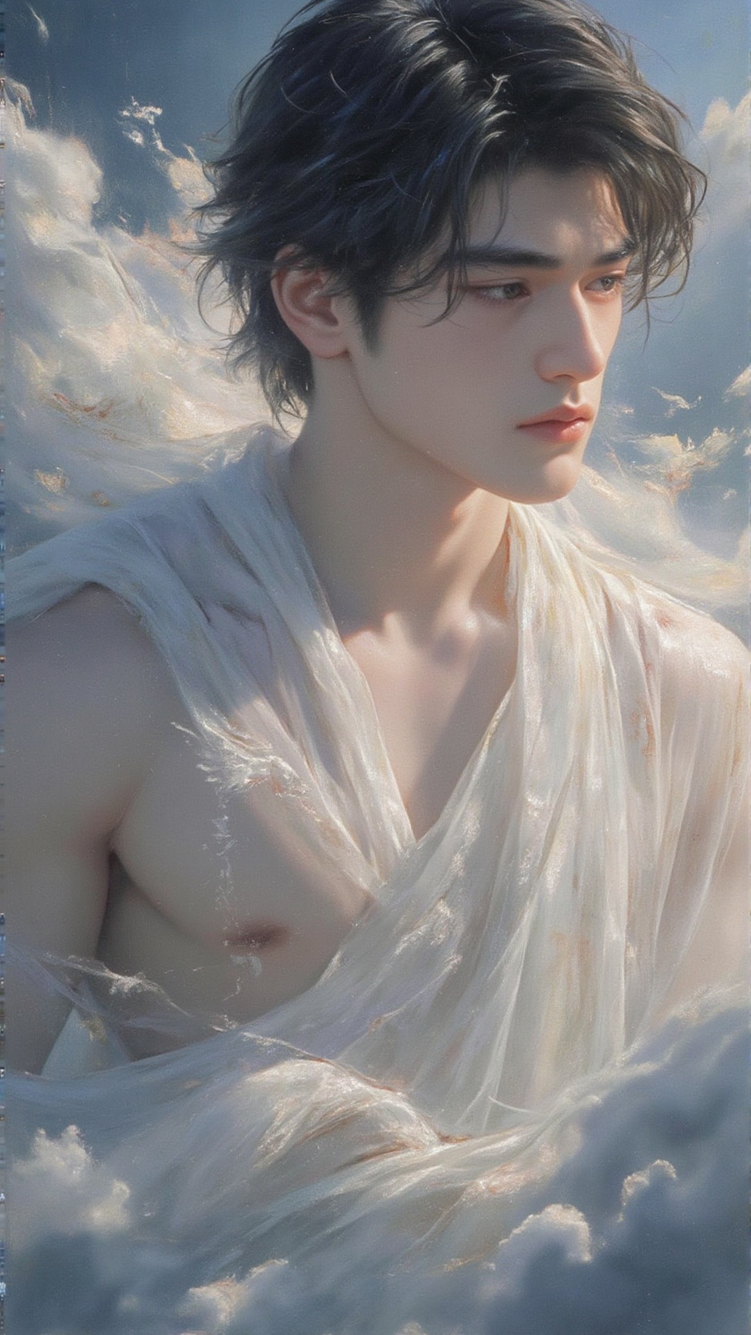 A close-up japanese painting of a handsome and youthful cloud god with pale,  smooth skin and thick,  defined eyebrows. He...