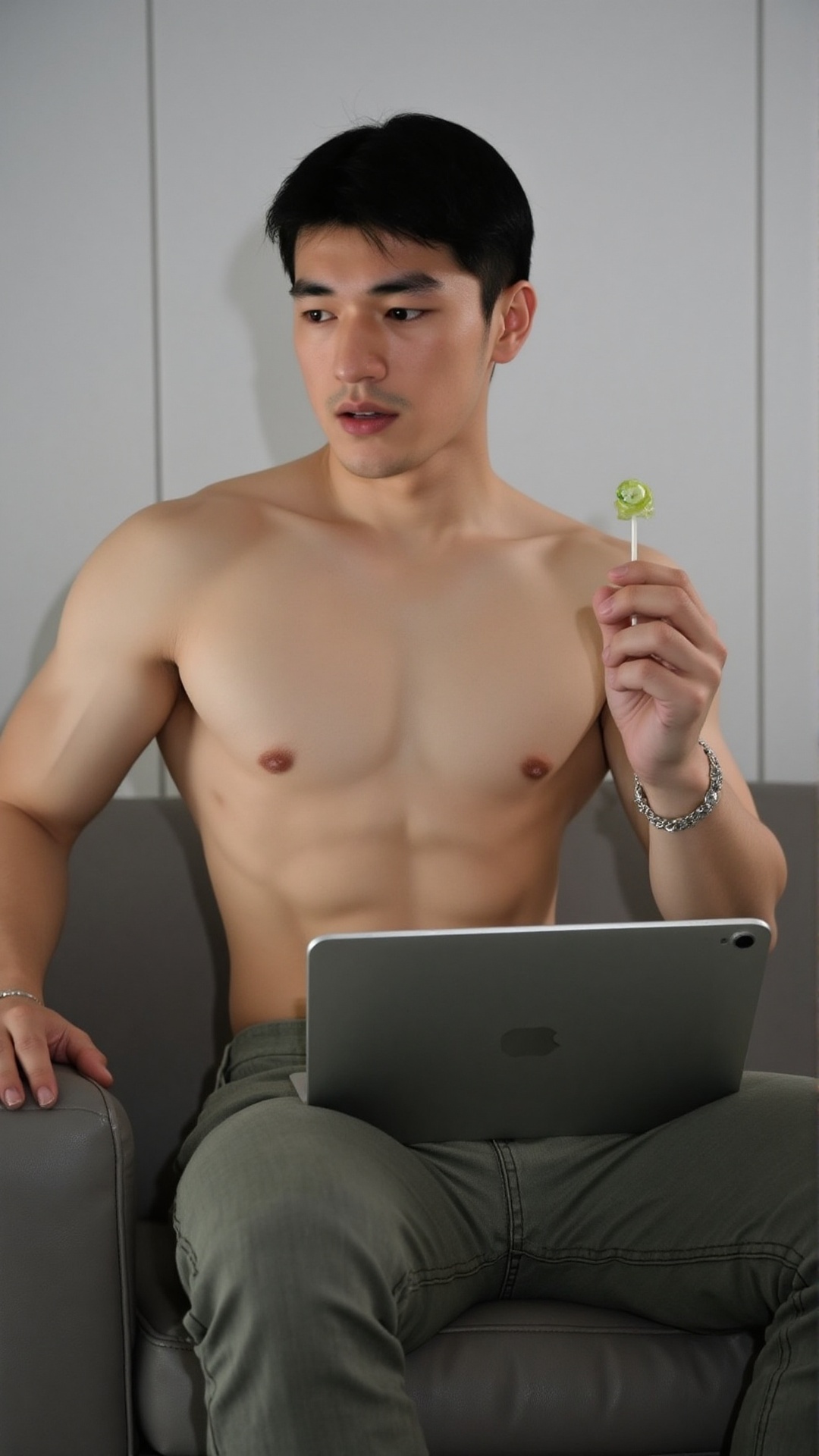 a medium-sized Asian man with short black hair wearing a silver bracelet is holding a lollipop in one hand and a tablet in...