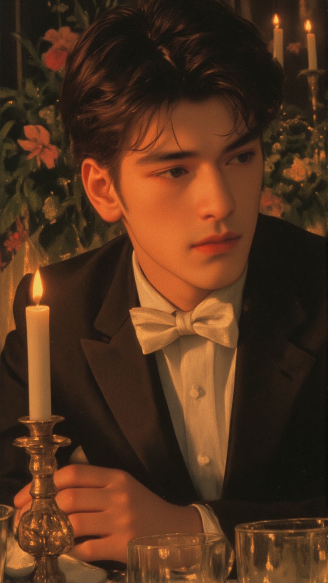 A romantic and elegant portrait of a young man seated at a lavishly set dinner table,  rendered in a painterly and classic...