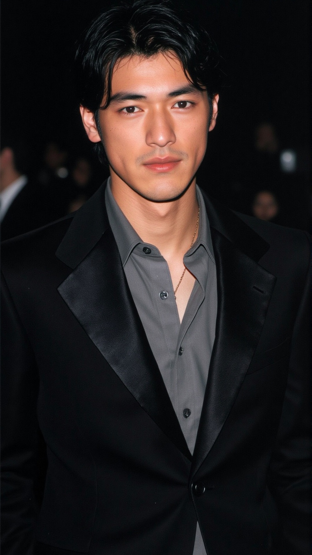 a 2000s paparazzi photo of a 18 years old handsome young Asian man,  he is wearing a black velvet tuxedo by Gucci by Tom F...